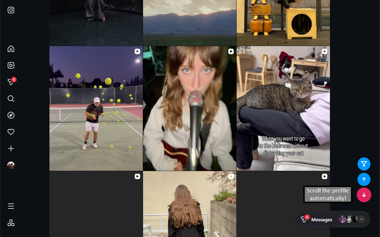 Auto-scroll and scroll-to-top buttons on an Instagram profile