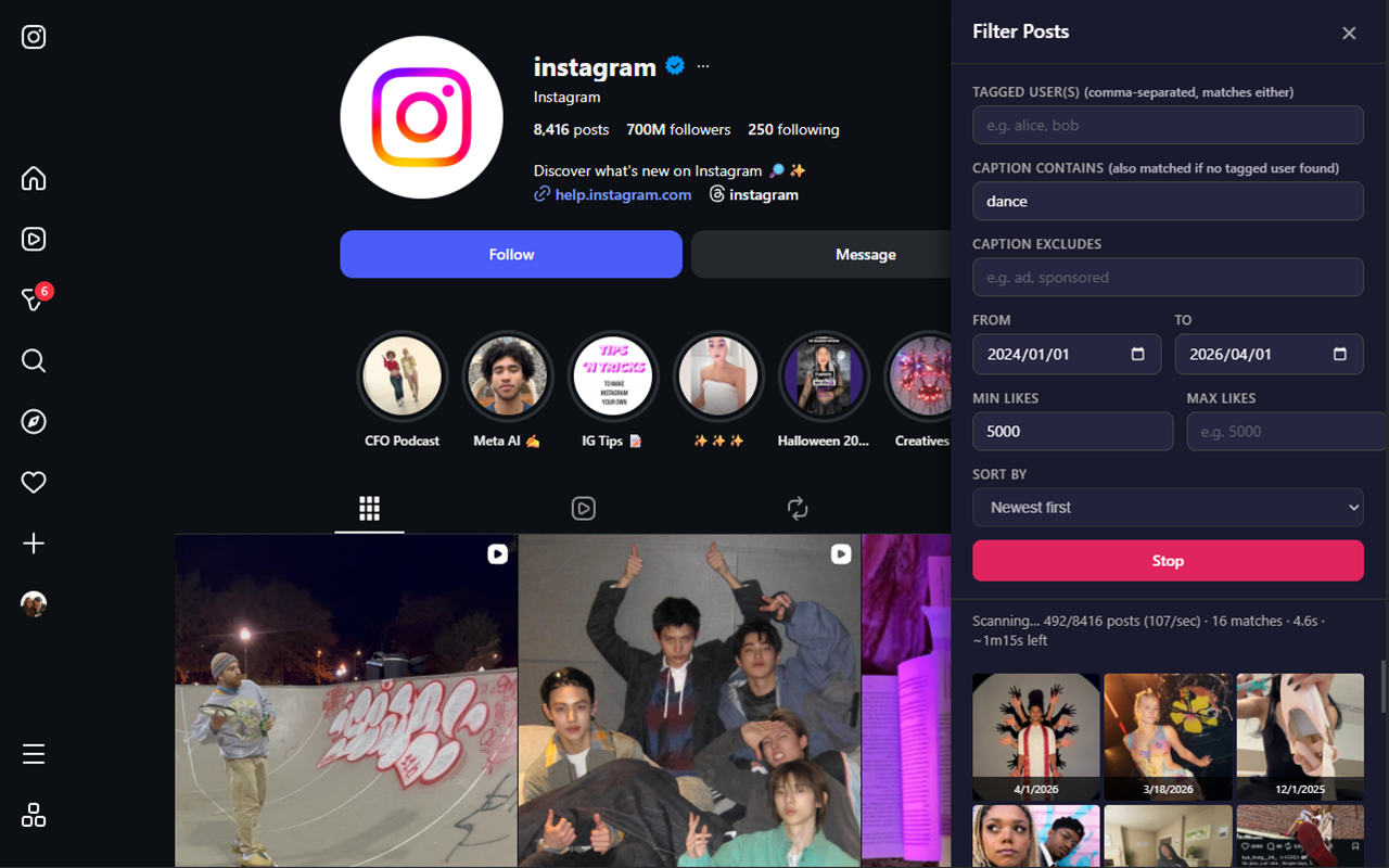 Instagram Profile Tools filter panel showing search results on a profile page